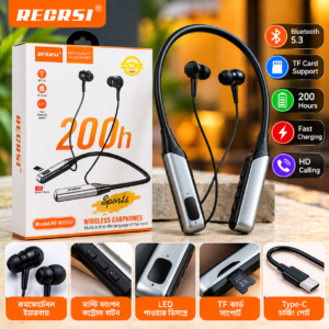 RECRSI RE-NY060 Wireless Neckband Earphone – Bluetooth 5.3, 200 Hours Battery, TF Card & Type-C Charging