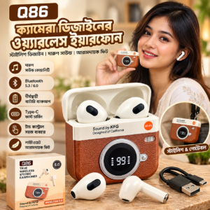 Q86 Camera Design Wireless Earbuds – Stylish Retro Camera Case, Bluetooth 6.0, Hi-Fi Sound & Type-C Charging