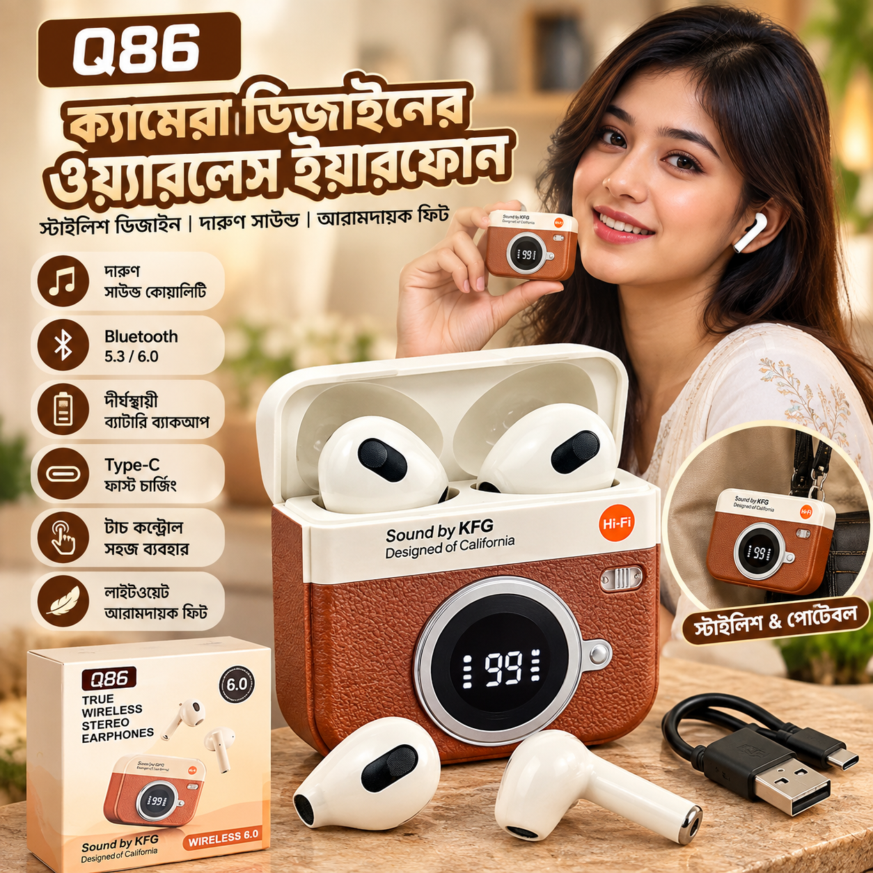 Q86 Camera Design Wireless Earbuds – Stylish Retro Camera Case, Bluetooth 6.0, Hi-Fi Sound & Type-C Charging