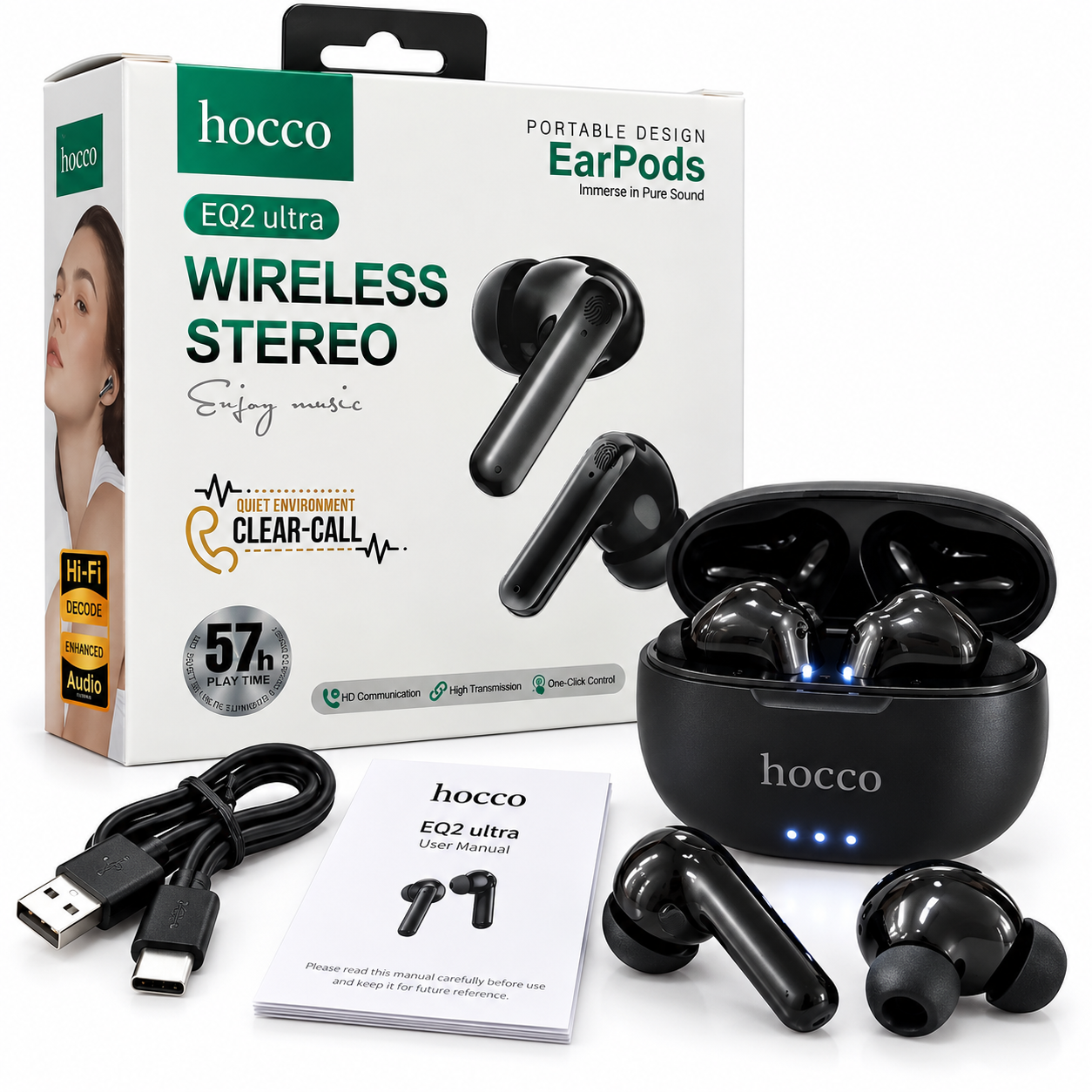 Hoco EQ2 Ultra Wireless Stereo Earbuds – Clear Call, 57H Play Time & Bluetooth 5.4